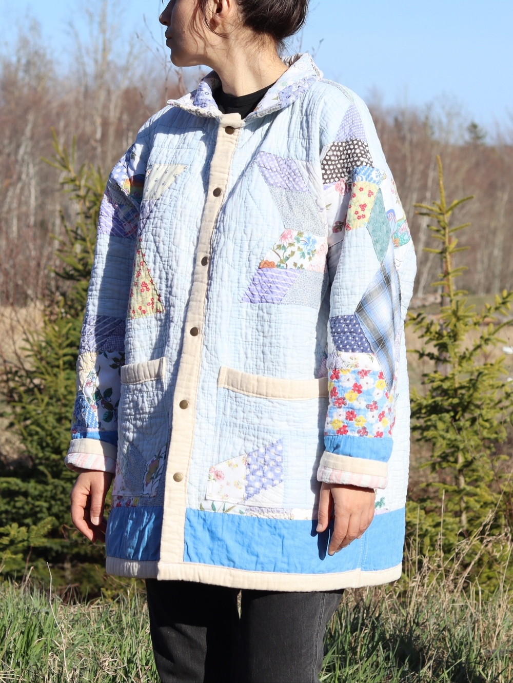Upcycled Patchwork Quilt Coat Vintage Blanket Light Blue L • XL - Picture 5 of 12